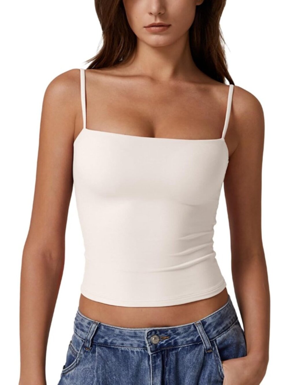 Women's Beige Square Neck Tank Top Double Lined Sleeveless Stretch Camisole